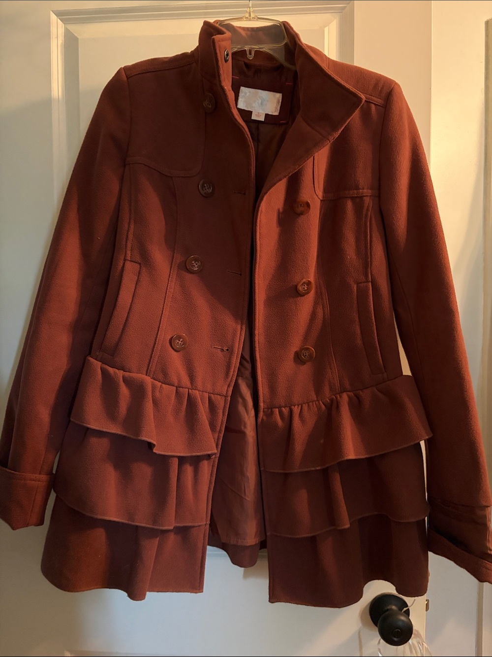 Xhilaration Rust Brown Ruffled Peacoat